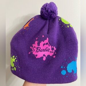 Adorable Girls Purple Barbie Hat Paint Splatter Design with Pom Pom Vintage 2002